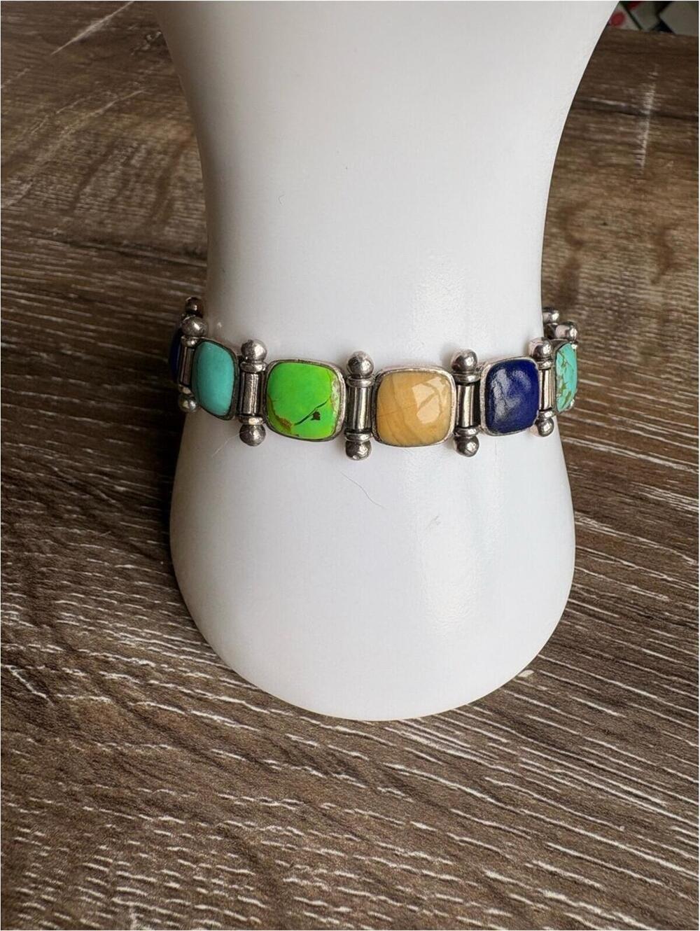 Thailand Sterling Silver Multicolor Stone Inlay Link Bracelet